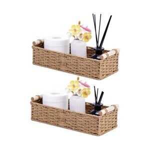 Farmhouse Toilet Paper Baskets 2 Pack Beige Woven Wood Handles Bathroom